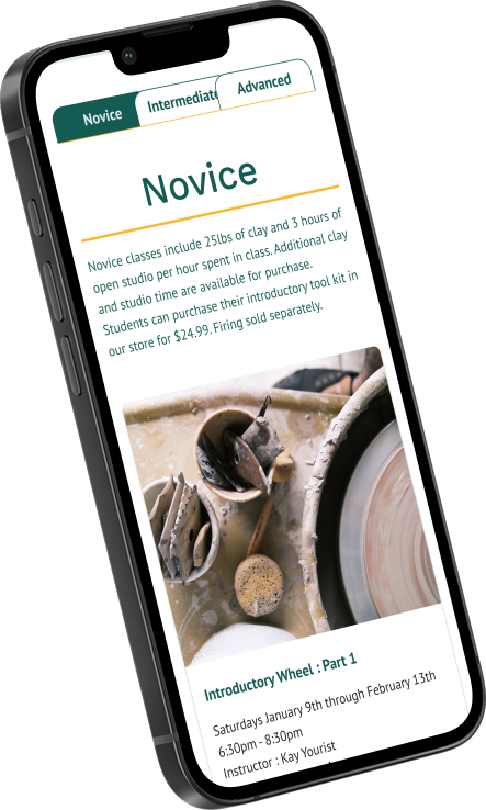 A mockup of the studio's class signup page with skill level menu rendered in an iPhone 14
