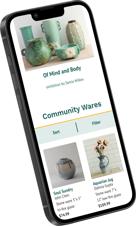 a mockup of the studio's ecommerce and gallery page rendered in an iPhone 14
